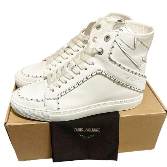NIB ZADIG & VOLTAIRE High Flash Sneaker Studded High Top White Leather 41 US 10 - Picture 5 of 11